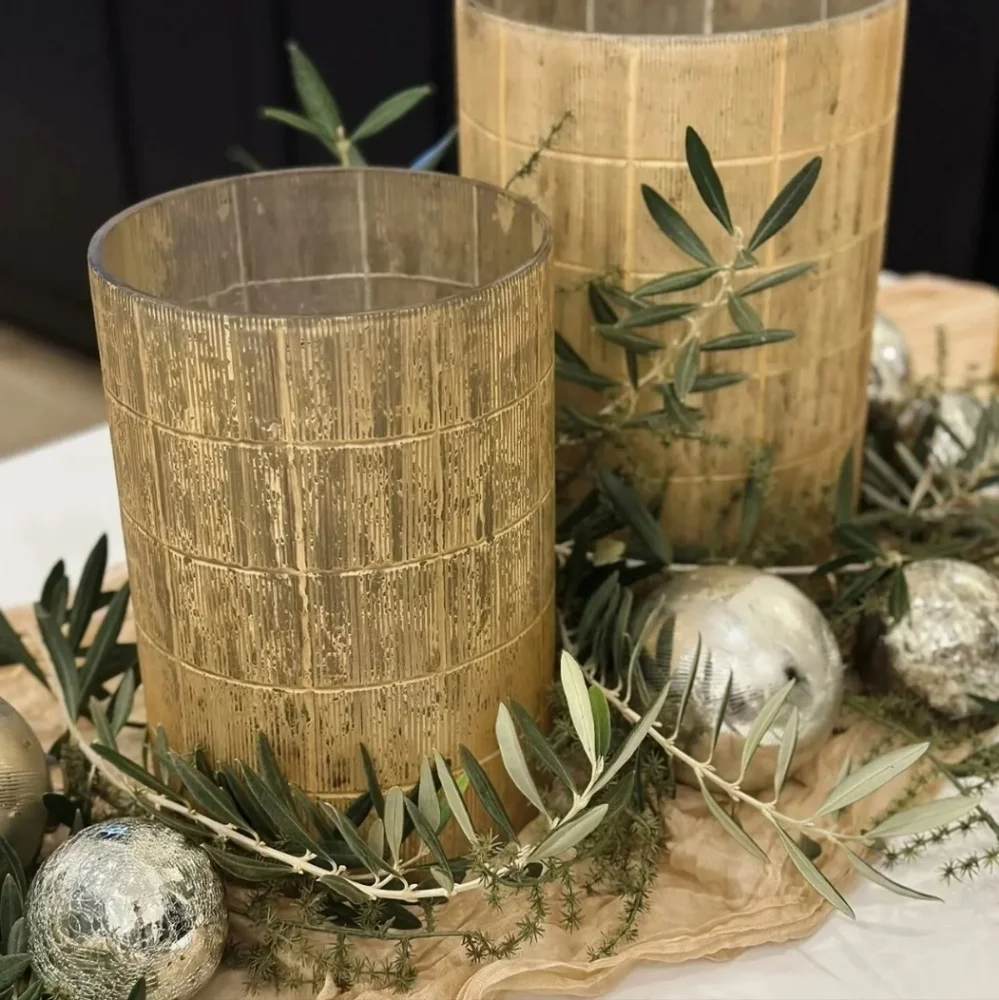 2 New Pottery Barn gold votive candle holders Linen textured & Brie copp…